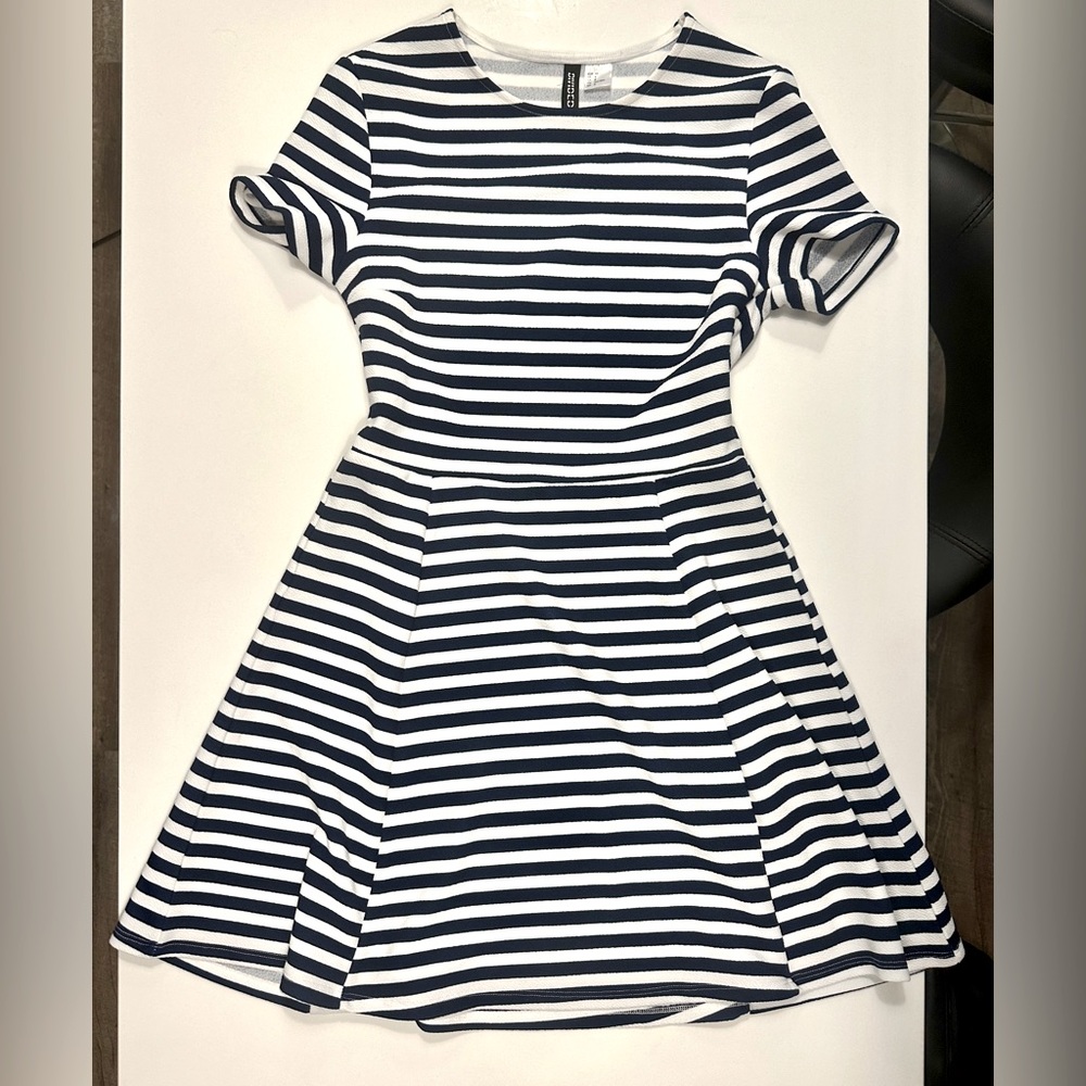 H&M Blue and White Striped Skater Dress, Short, Size Medium